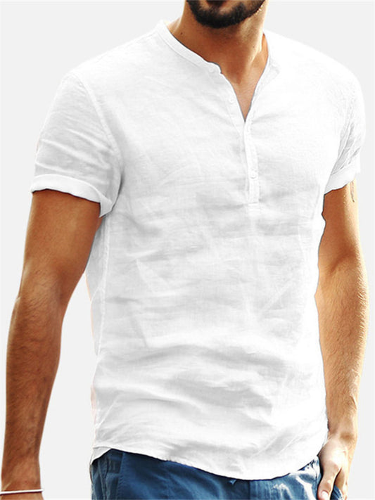 Men's Linen Shirt Summer Shirt Standing Collar Summer Short Sleeve White Khaki Light Sky Blue Plain Daily Holiday Clothing Apparel