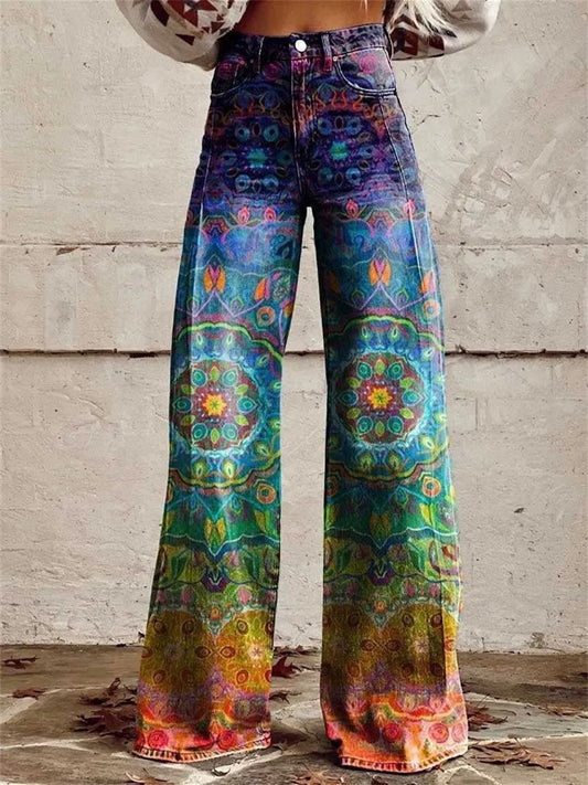 Women's New 3D Printed Flare Pants Imitation Wide-leg Jeans