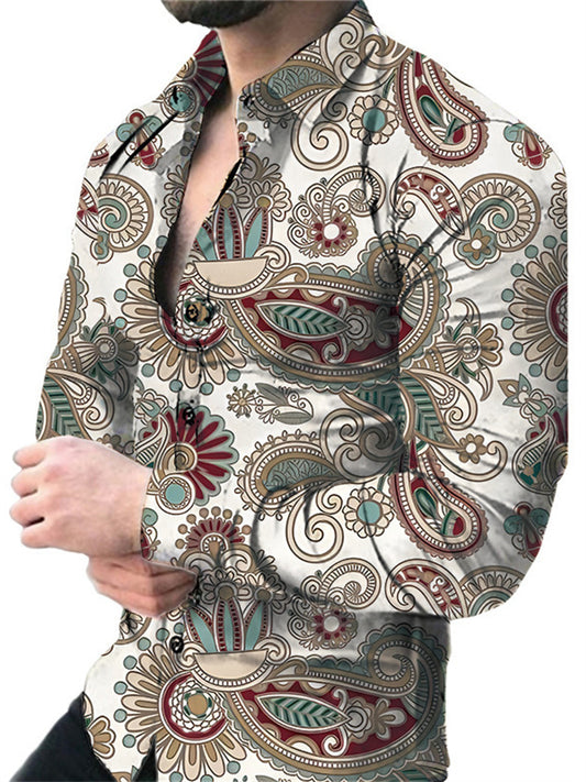 New Men's Casual Slim Fashion 3D Printing Long-sleeved Shirt
