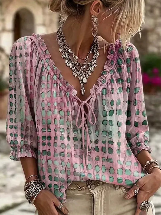 Women's Polka Dot Ethnic-Style Summer Casual Fashion Print V-neck Shirt