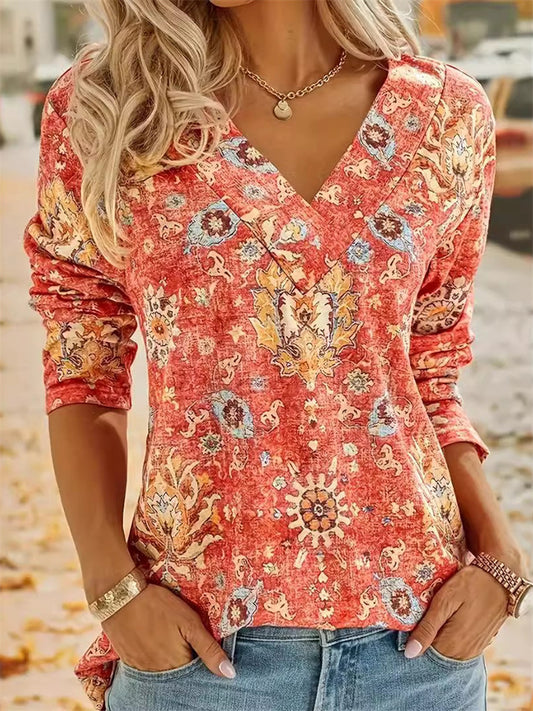 Women's Bohemian-Style V-Neck Long-Sleeve Printed T-Shirt