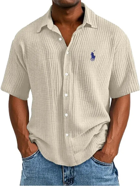 New Big Size Shirt Embroidery Men's Loose Cotton Short-sleeved Lapel Shirt