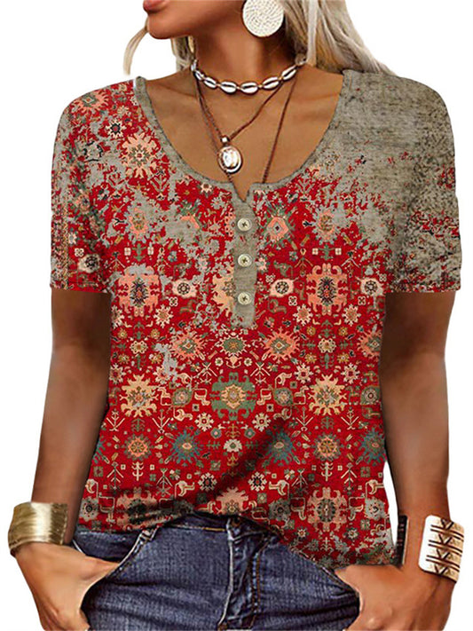 Women's Spring and Summer New Women's Short-sleeved Printing Ethnic Fashion Printing Short-sleeved T-shirt