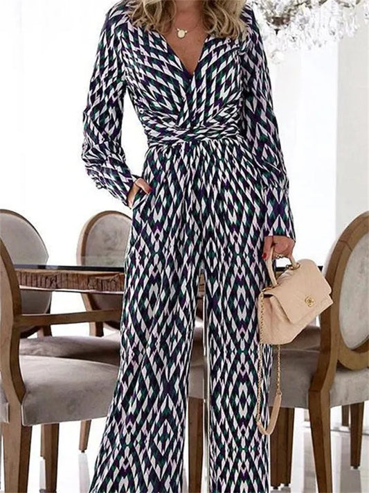 Fall/Winter Women's Jumpsuit: Trendy Geometric Print V-Neck Slim-Fit Long-Sleeve Jumpsuit