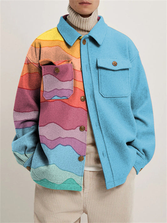 Loose Casual Men's Jacket Colorful Geometric Pattern Color Blocking Lapel Long Sleeve Single-breasted Jacket