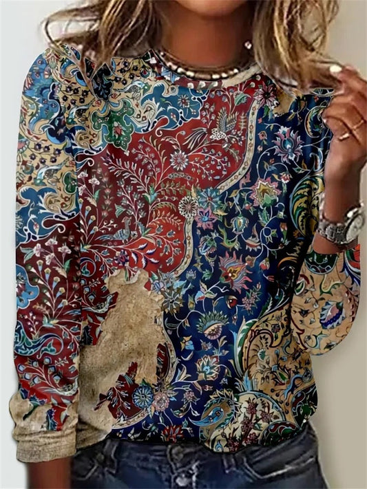 Women's New Long-Sleeve Printed Crew Neck T-Shirt Top