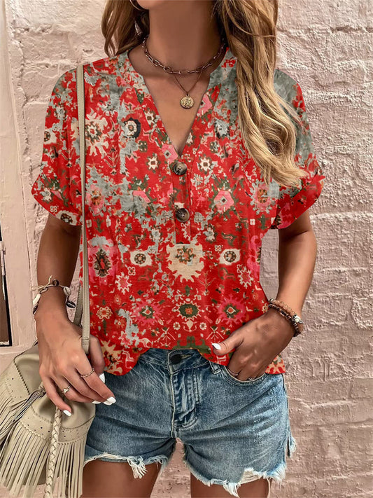 Women's Spring and Summer New V-neck Top Printed Twisted Buckle Fashion Short-sleeved