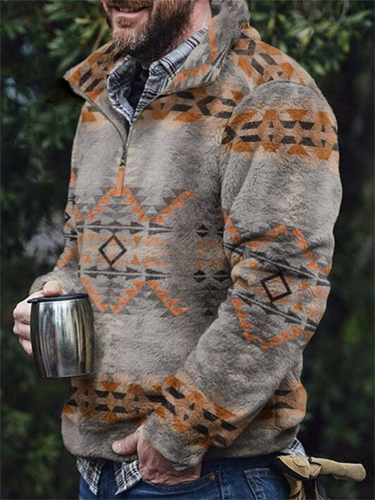 Fall/Winter Men's European-Style Casual Flannel Fleece Hoodie with Pockets and Printed Design