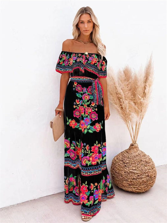 Women's Swing Dress Boho Dress Long Dress Maxi Dress Black Blue Yellow Short Sleeve Floral Cold Shoulder Spring Summer Off Shoulder Romantic Vacation Summer Dress Spring Dress 2022 S M L XL XXL XXXL