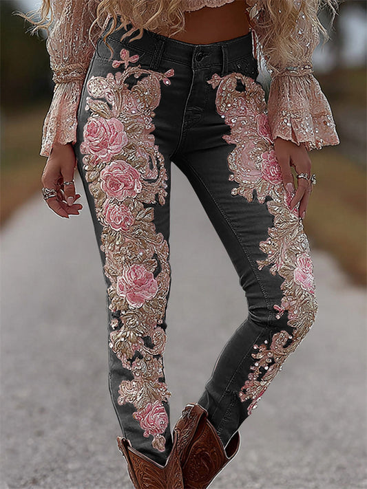 3D Printed Women's Fashion Casual Floral Print Skinny Jeans Full-Length Pants