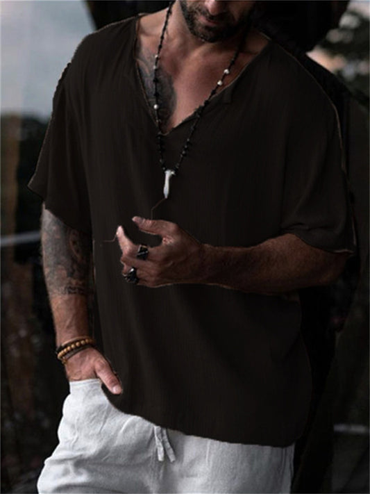 Summer Men's Cotton Round Neck Top Loose Solid Color Medium Sleeve T-Shirt Five Sleeve Short Sleeve